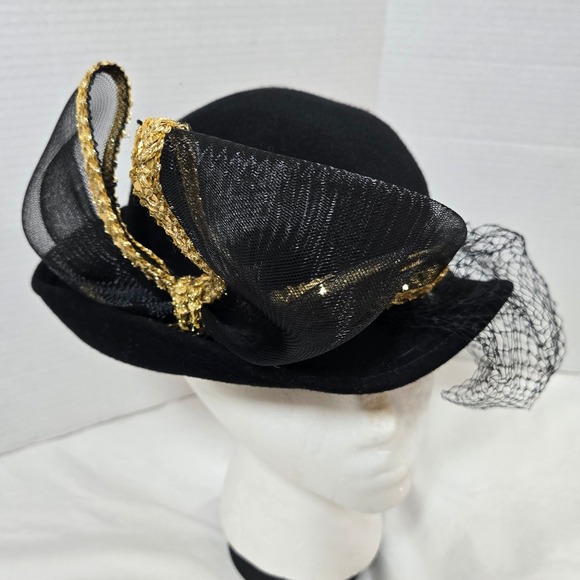 Vintage Mr Charles Black Wool Hat Gold‎ Bow Birdcage Veil Church Derby USA Made